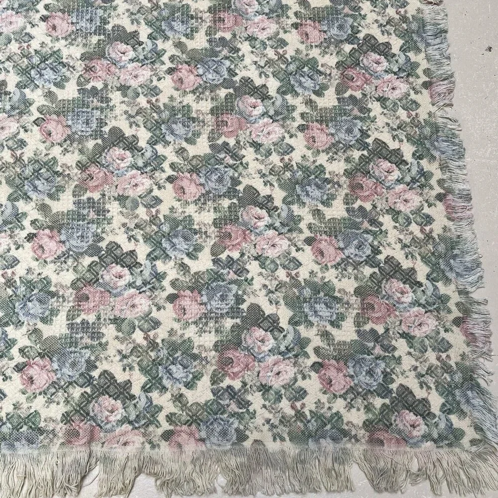 European Classics Simply Country Rose Throw Blanket Fringe Pink Flower Power Vtg